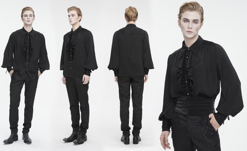 Herren-Hemd im Gothic-Stil mit Puffärmeln und gerüschter Spitze in Schwarz