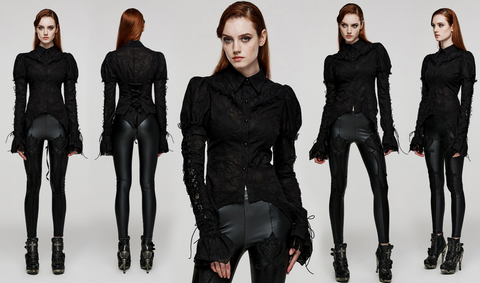 Damska koszula w stylu gotyckim z bufiastymi rękawami i koronkowym splotem w kolorze czarnym