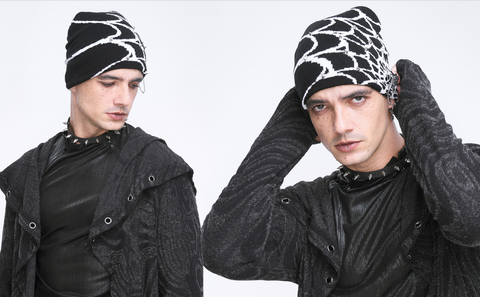Men's Punk Contrast Color Spider Web Knitted Beanie White