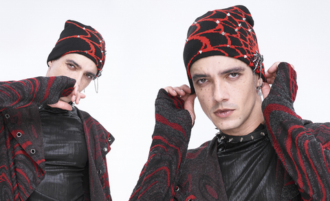 Punk-Strickmütze mit Spinnennetz in Kontrastfarbe für Herren, Rot