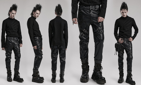 Pantalon en simili cuir à bretelles punk pour hommes