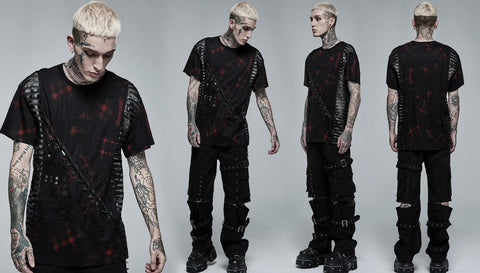 Punk Rave Men's Punk Mesh Splice Plaid T-shirt