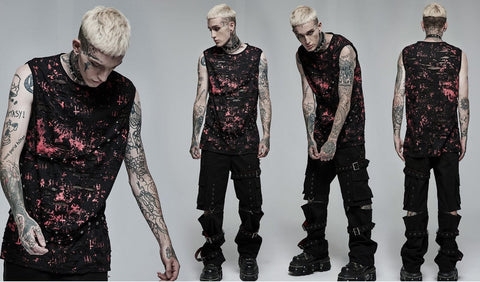 Punk Rave Men's Punk Double Color Ripped Tank Top