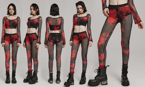 Leggings teñidos anudados de malla punk para mujer Negro-Rojo