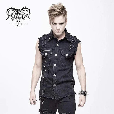 Chaleco de mezclilla rasgado con remaches punk para hombre