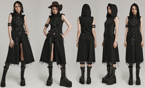 Women's Punk Lace-Up Eyelet Long Vest with Hood