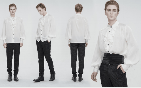 Men's Gothic Puff Sleeved Ruffled Lace Splice Shirt White