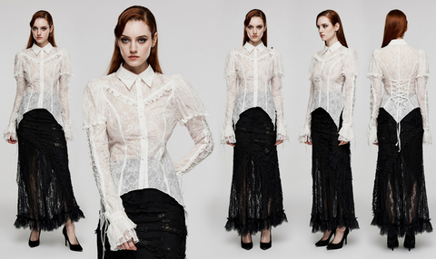 Damen-Hemd im Gothic-Stil mit Puffärmeln und Spitze, weiß