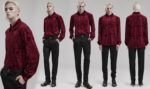 Men's Gothic Embossed Velvet Shirt Red