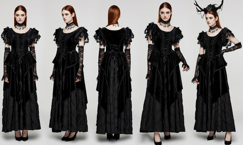 Damen-Gothic-Kleid aus mehrlagigem Samt mit Rüschen und Ärmelüberzügen