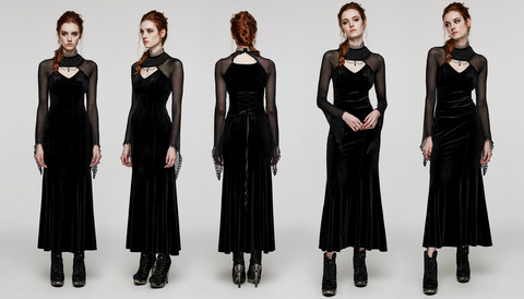 Damen-Gothic-Kleid aus Samt mit Ausschnitten und perlenbesetztem Netzstoff