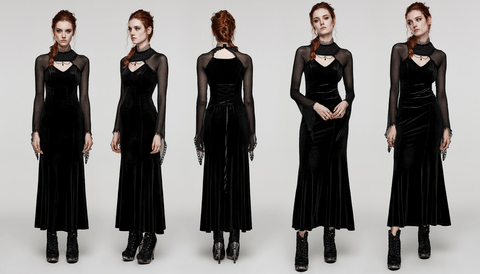 Women's Gothic Cutout Beaded Mesh Splice Velvet Dress