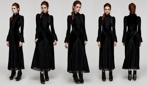 Gothic-Stehkragen-Spitzenspleiß-Samtkleid für Damen