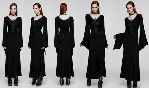 Damen-Gothic-Kleid mit tiefem Ausschnitt und Blumenstickerei