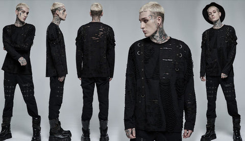 Punk Rave Men's Gothic Ripped Splice Knitted Top