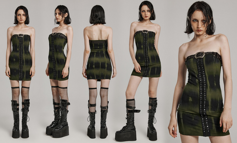 Schulterfreies Kleid mit Punk-Schnalle und Ösen für Damen in Schwarz-Grün
