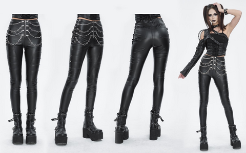 Pantalones de piel sintética con tachuelas de cadena punk para mujer