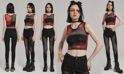 Camiseta sin mangas de malla teñida punk punk para mujer Negro-Rojo