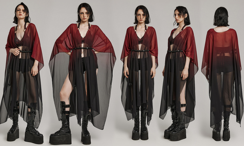 Damski gotycki, przezroczysty, marszczony, luźny płaszcz przeciwsłoneczny czarno-czerwony