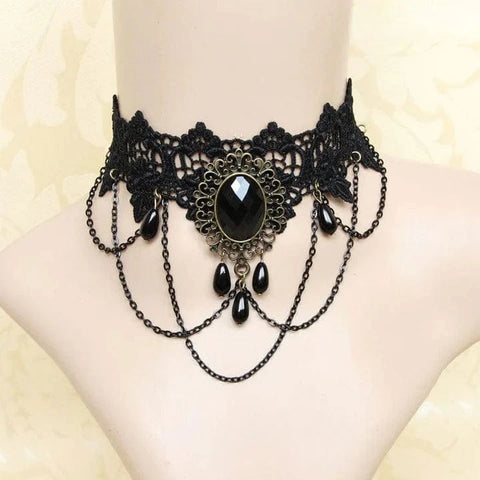 Women's Gothic Diamante Lace Choker with Chain