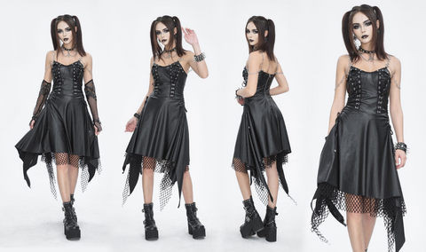 Women's Gothic Mesh Stud Faux Leather Hem Dress