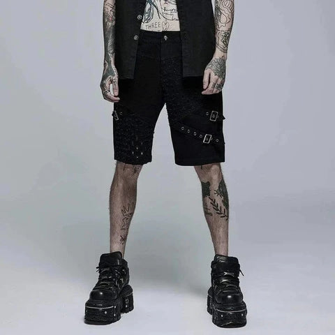 Shorts con empalme con hebilla rasgada punk para hombre