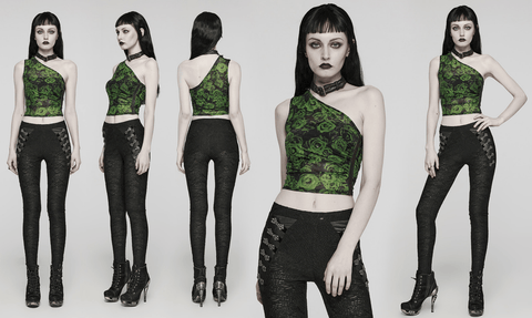 Women's Punk Buckle Eyelet Halter Tank Top Black-Green