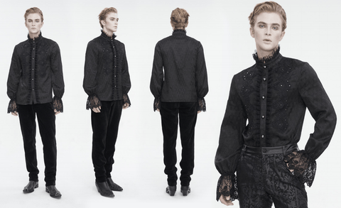 Men's Gothic Stand Collar Puff Sleeved Lace Splice Shirt