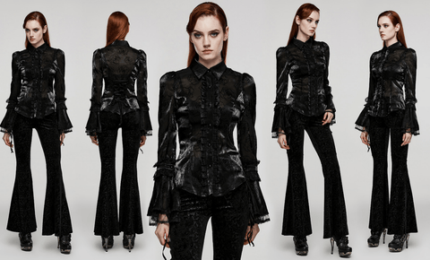 Women's Gothic Puff Sleeved Rose Flocking Shirt
