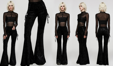 Women's Gothic Lace-up Velvet Flared Pants Black