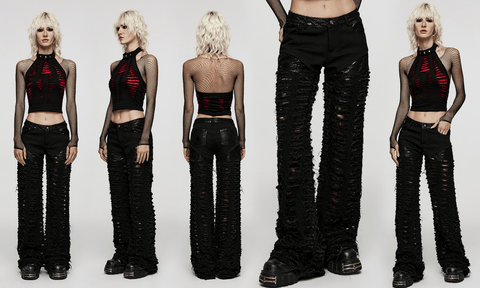 Women's Punk Mesh Splice Ripped Straight Pants