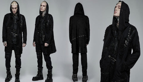 Punk Rave Men's Gothic Ripped Clip Cardigan with Hood