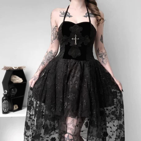 Women's Goth Multilayer Floral Black Lace Gown Dress