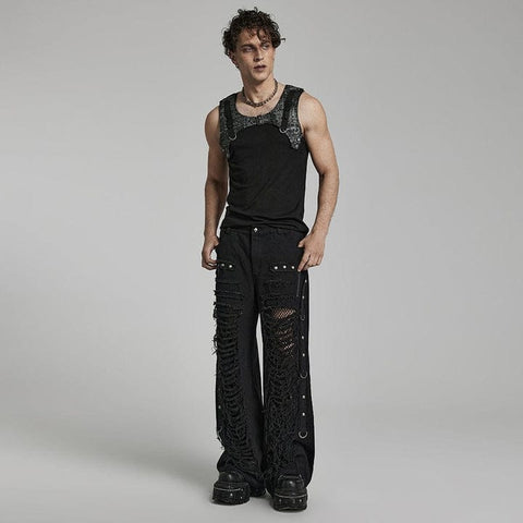 Men's Punk Ripped Mesh Splice Straight Pants