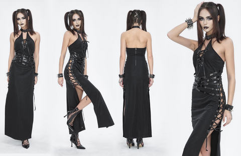 Women's Gothic Strappy Side Slit Fitted Halterneck Dress