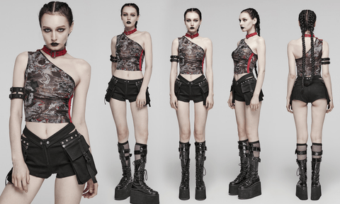 Women's Punk Buckle Eyelet Halter Tank Top Black-Red