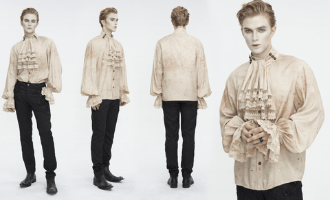 Men's Gothic Puff Sleeved Stand Collar Distressed Shirt with Necktie