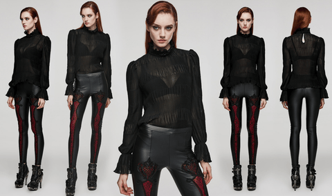 Women's Gothic Stand Collar Puff Sleeved Ruched Shirt