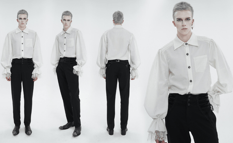 Men's Gothic Puff Sleeved Lace Hem Shirt White