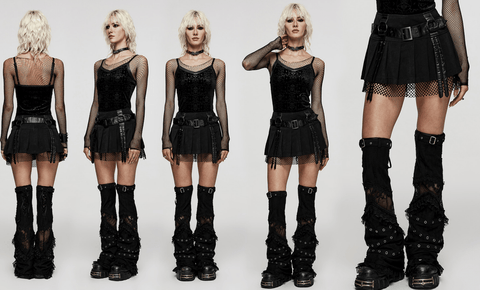 Women's Punk Mesh Splice Straps Pleated Skirt