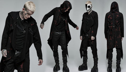 Punk Rave Men's Gothic Irregular Ruched Plaid Cardigan with Hood
