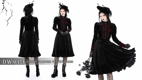Women's Gothic Puff Sleeved Stand Collar Velvet Dress