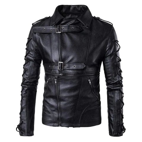 Chaqueta de motociclista de cuero sintético con cordones y cremallera lateral para hombre