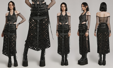 Women's Punk Ripped Buckle Lace-Up Long Skirt