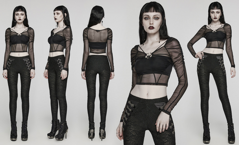 Women's Gothic Sheer Lace-Up Mesh Long Sleeved Crop Top