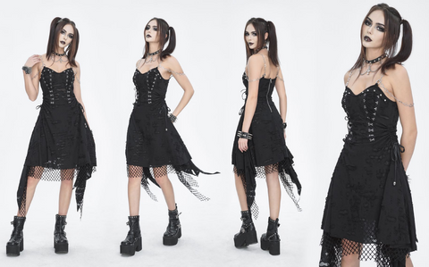 Damen-Slipkleid im Gothic-Stil mit Mesh-Nieten und gerissenem Saum
