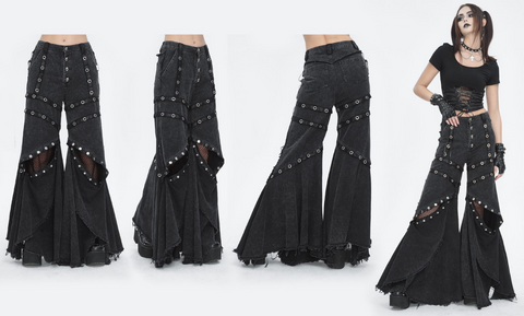 Damskie rozszerzane spodnie w stylu punkowym, z siateczki i oczkami