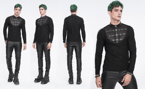 Men's Punk Stand Collar Mesh Splice Shirt