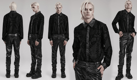 Men's Gothic Floral Printed Faux Leather Splice Shirt