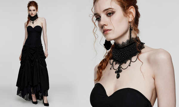 Damen-Halsband im Gothic-Stil mit Kreuzperlen und Spitzensaum